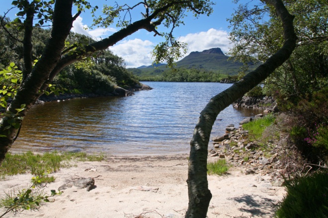 Stac Pollaidh mountain, seen from a small island on Loch Sionscaig.