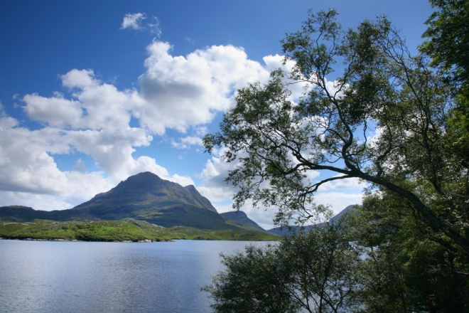 Cul Mor mountain, seen form Eilean Mor in Loch Sionscaig.